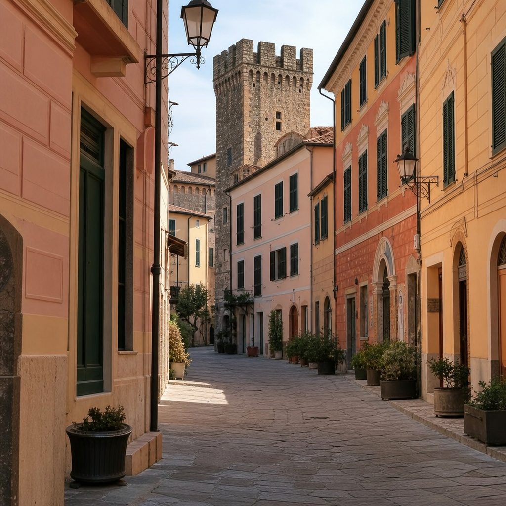 rue piétonne pavée bordée de façades colorées liguriennes avec une tour médiévale en arrière-plan, lumière douce de fin de matinée