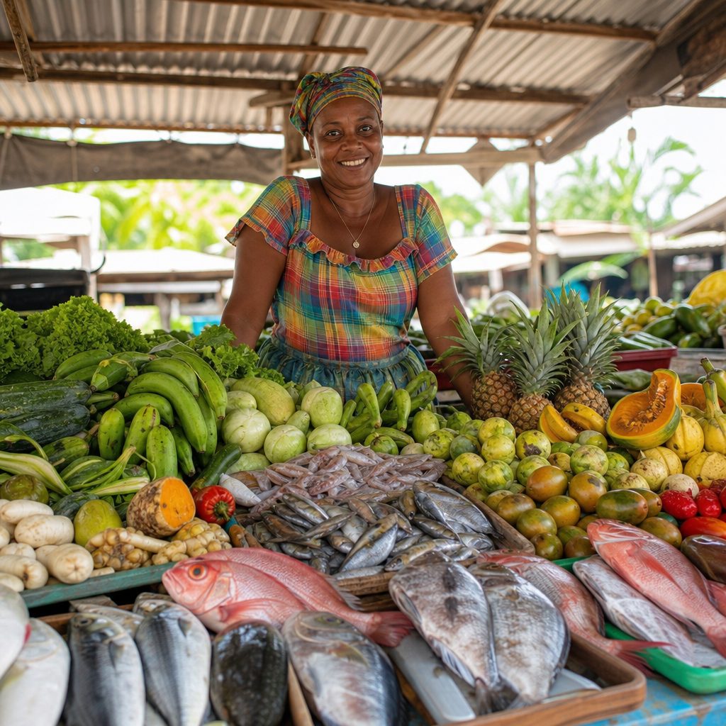 étal coloré d'un marché local antillais avec fruits tropicaux, légumes et poissons frais, vendeuse souriante sous un abri en tôle, lumière matinale