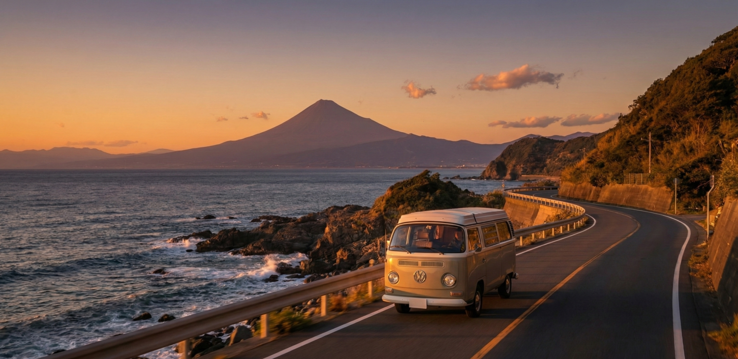 Photo spectaculaire et immersive d'un van aménagé roulant sur une petite route côtière japonaise au coucher du soleil