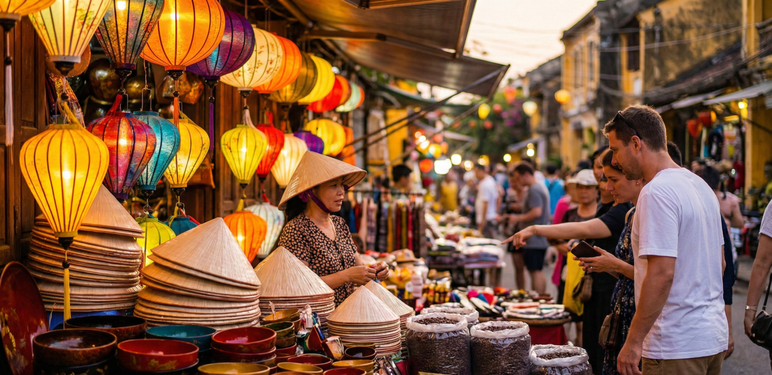 Un marché animé au Vietnam, au crépuscule. Des lanternes en soie colorées illuminent les étals remplis de chapeaux coniques